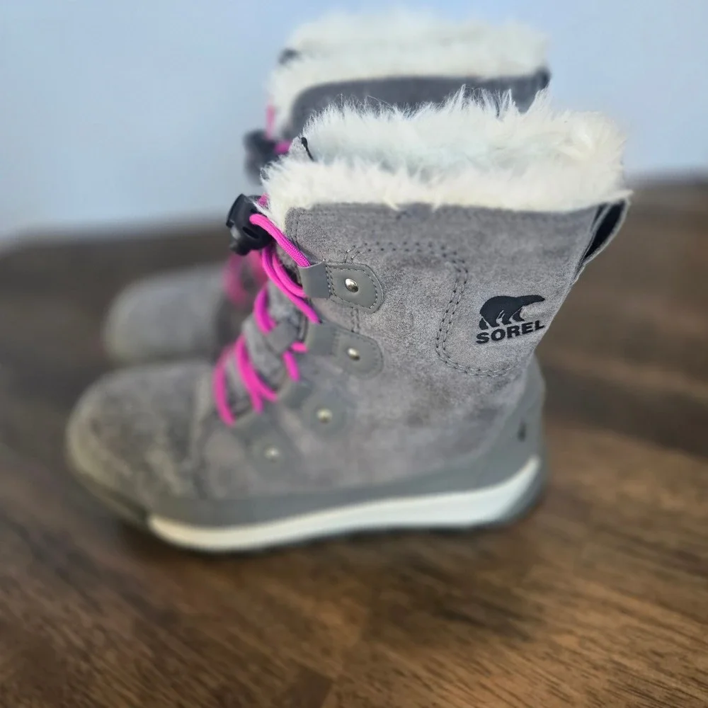 Sorel Whitney Kids Grey Suede‎ Felt Waterproof Winter Boots Pink Bungee Faux Fur